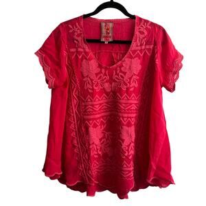 Johnny Was Floral Top Pink Embroidered Pullover Scallop Hem Short Sleeve Sz XS